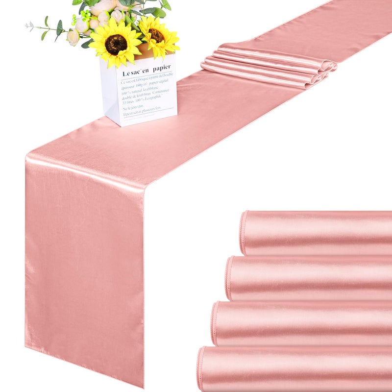 Aneco 4 Pack Satin Table Runner 12 x 108 Inch Long Bright Silk and Smooth Fabric Party Table Runner for Wedding Banquet Party Decoration Rose Gold