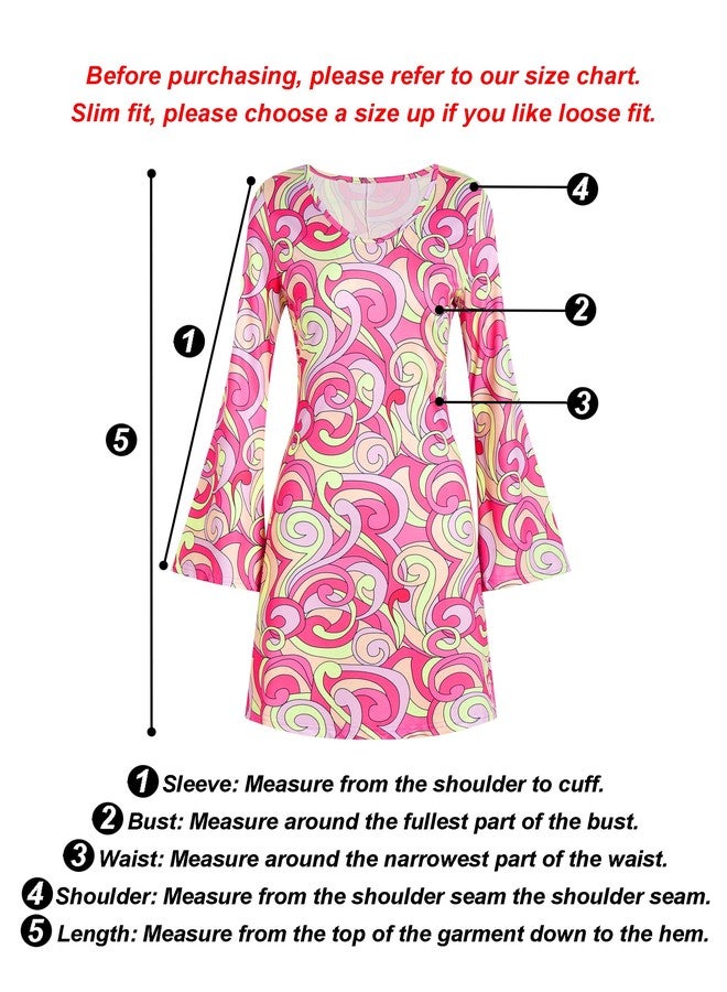 Deerjoke 60s 70s Disco Outfit Hippie Costume Women, 1970 Style Clothes Dress Peace Sign Accessories Jewelry Halloween (Pink, Large) - Image 2