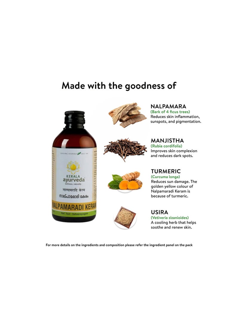 Kerala Ayurveda Kerala Ayurveda Nalpamaradi Keram 200ml | Face & Body Oil | Detan Oil | For All Skin Types| Suitable for All Skin Types | Removes Tan and Dark Spots | Heals Skin | With Nalpamara, Haridra, Usira, Amla, Manjistha, Raktachandana | Coconut Oil Base |  - Image 5