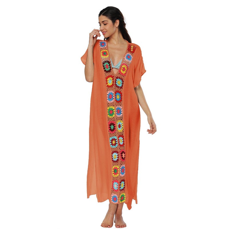 explosions cross-border hand hook stitching dress split sexy dress robe beach dress(Orange, Free size) - Image 1