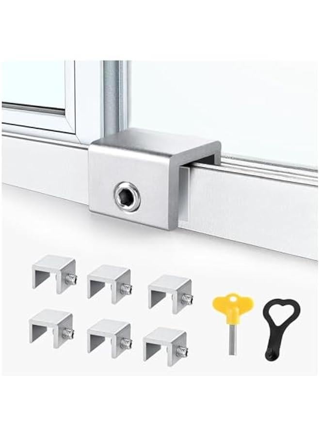 Window Locks,Sliding Window Locks with Key for Vertical  Horizontal Sliding Windows Doors,Adjustable Security Window Lock for Patio Bedroom Home and Office (Silver, 6Set - Single Hole) - Image 1