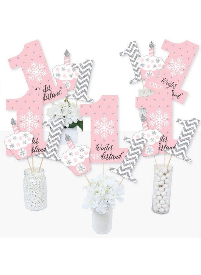 Big Dot of Happiness Pink Onederland Snowflake Winter Wonderland First Birthday Party Centerpiece Sticks Table Toppers Set Of 15  - Image 1