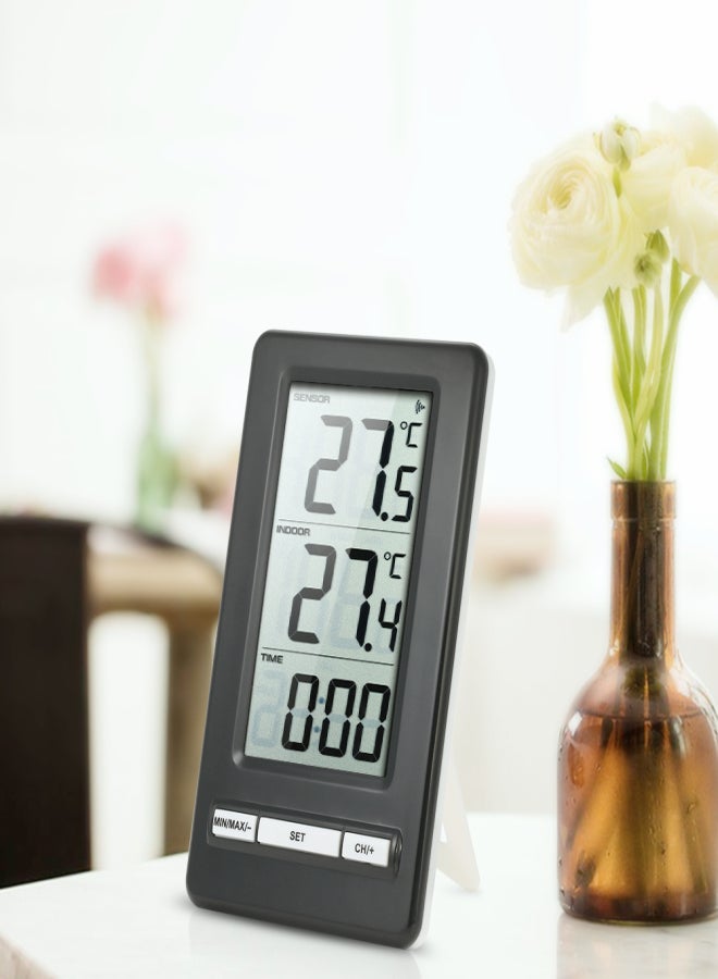 مقياس حرارة لاسلكي رقمي بشاشة LCD، لقياس درجة الحرارة الداخلية والخارجية، يعرض القيم القصوى والدنيا بالدرجة المئوية والفهرنهايتية، مع ساعة بنظام 12/24 ساعة. - Image 2