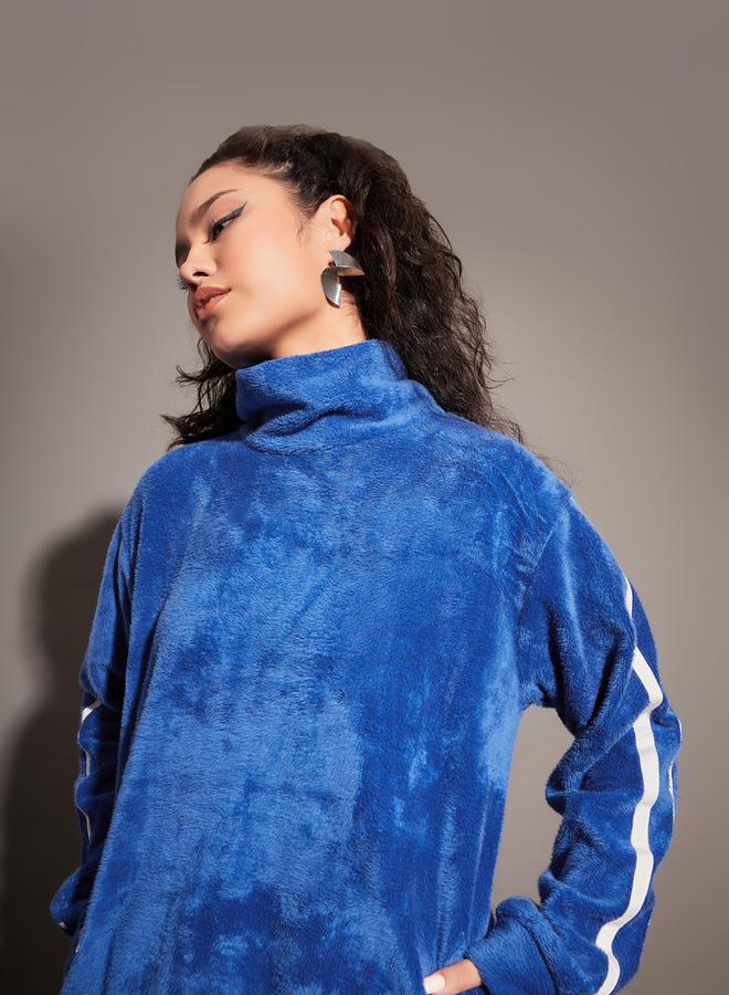 SASSAFRAS Fleece Faux Fur Contrast Tape High Neck Sweatshirt by Styli  - Image 4