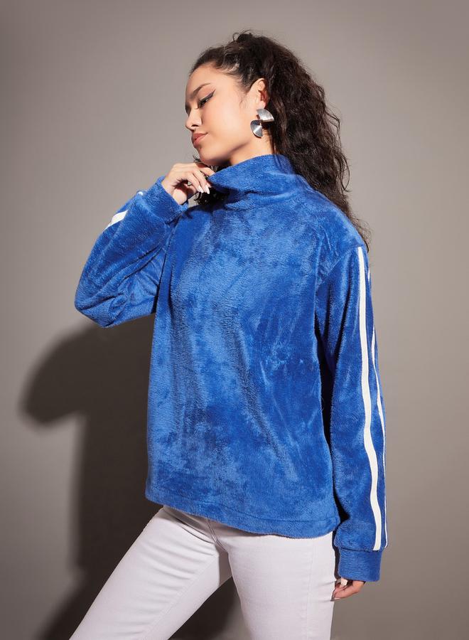 SASSAFRAS Fleece Faux Fur Contrast Tape High Neck Sweatshirt by Styli  - Image 3