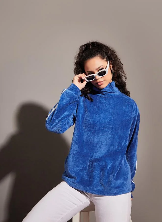 SASSAFRAS Fleece Faux Fur Contrast Tape High Neck Sweatshirt by Styli