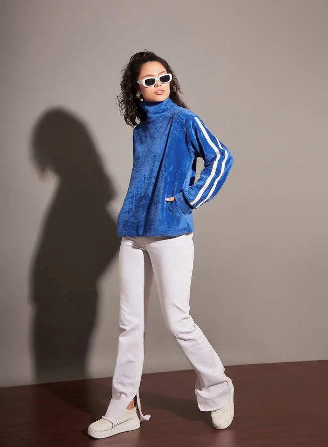 SASSAFRAS Fleece Faux Fur Contrast Tape High Neck Sweatshirt