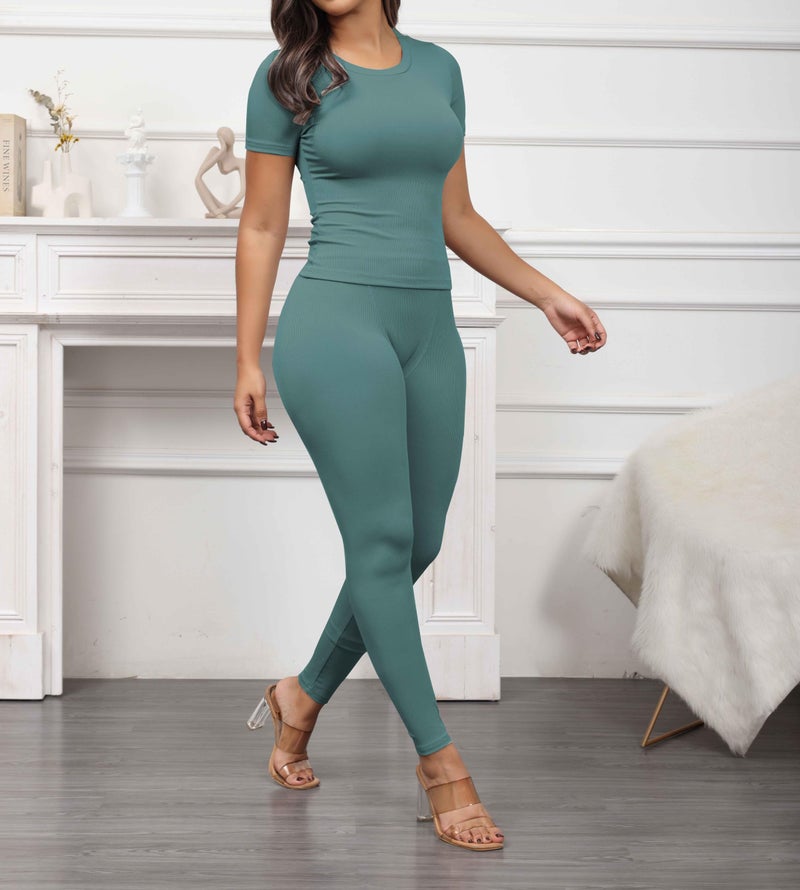 PINSV 2 Piece Sets for Women Summer Casual Jogger Workout Outfits Fitted Crew Neck T-shirt High Waist Legging Sets Green L - Image 2