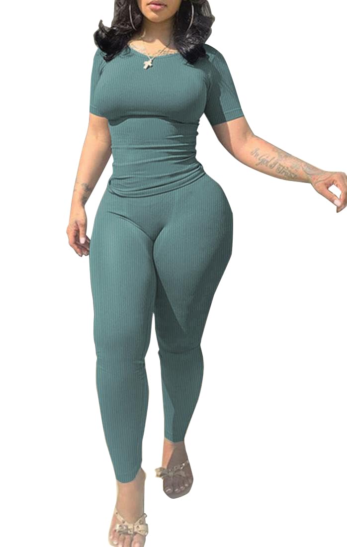 PINSV 2 Piece Sets for Women Summer Casual Jogger Workout Outfits Fitted Crew Neck T-shirt High Waist Legging Sets Green L - Image 1