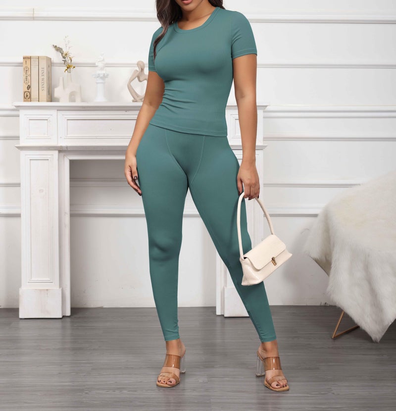 PINSV 2 Piece Sets for Women Summer Casual Jogger Workout Outfits Fitted Crew Neck T-shirt High Waist Legging Sets Green L - Image 5