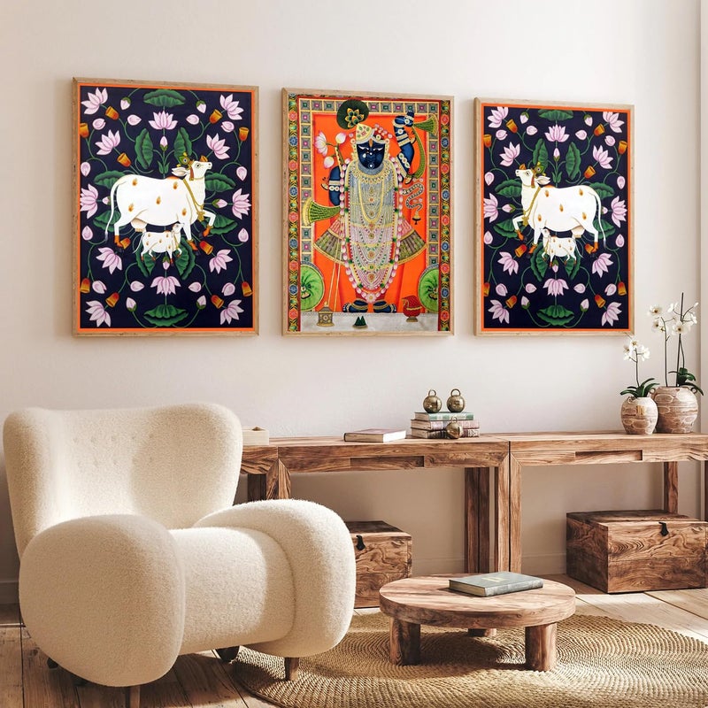 Gamya Big Aesthetic Shrinath Ji Framed Posters Wall Decor Paintings For Living Room BedroomBig Paintings For Wall Decoration A3 Frames 14x18 Inches Set of 3