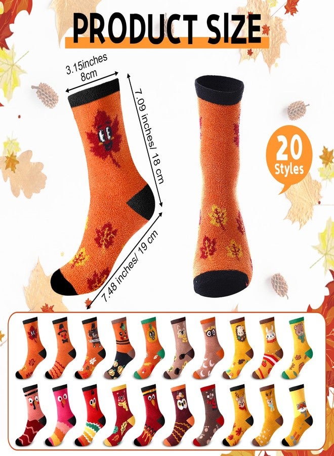 Breathffy 20 Pairs Thanksgiving Coral Fleece Socks Bulk Novelty Fuzzy Fall Maple Turkey Pumpkin Crew Socks for Women Men Autumn Gifts - Image 2