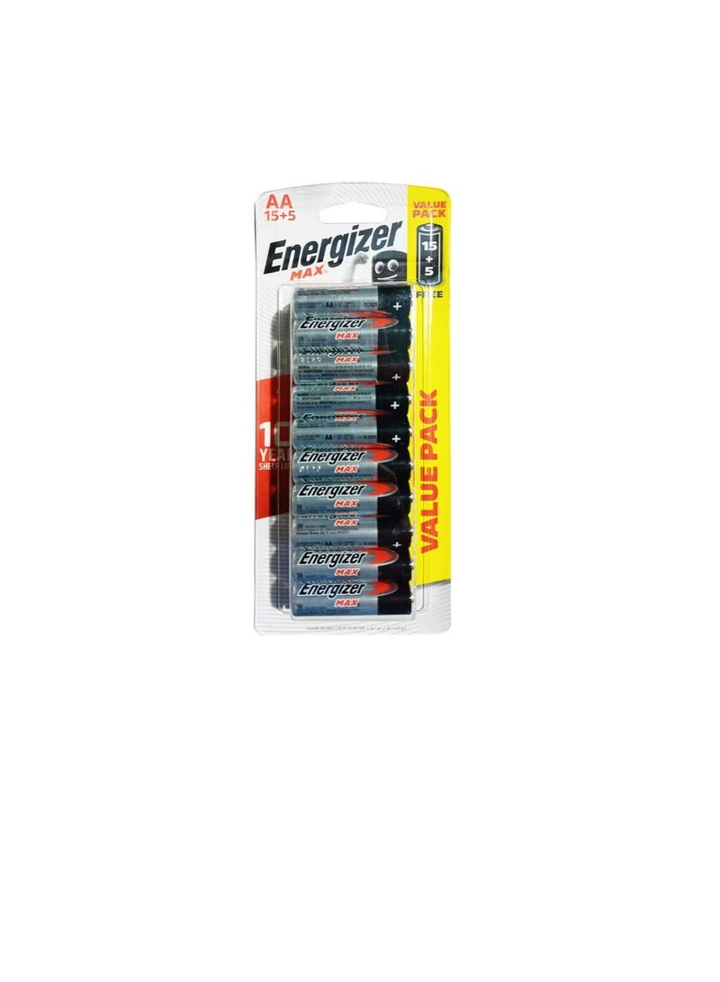 Energizer E91HP Max 1.5V Alkaline AA Batteries, 20 Pieces - Black - Image 1
