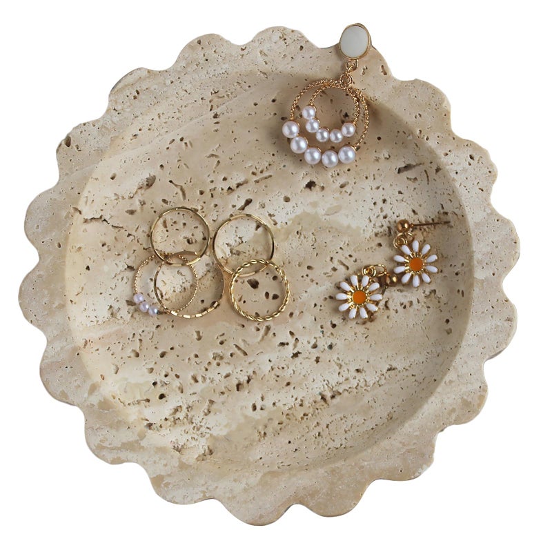 Natural Small Travertine Scalloped Edge Tray 63 Marble Jewelry Dish Trinket Tray for Women Gift