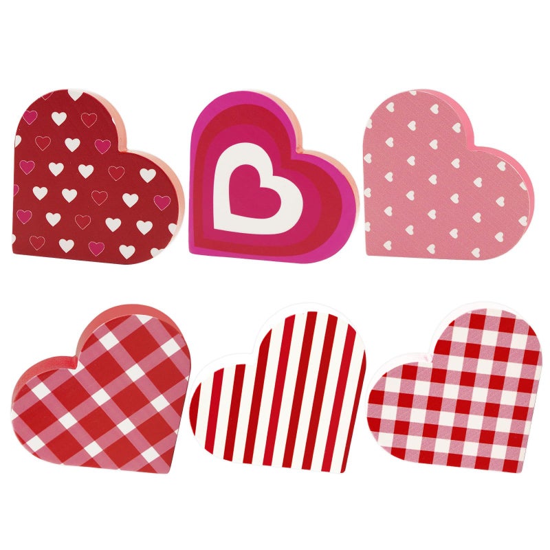KFJBPB Valentines Day Decor, 6 PCS Double Sided Wooden Hearts Signs Cute Hearts Decorations for Tiered Tray Home Table Sweetheart Shelf Mantel Office Valentine Decoration - Image 1