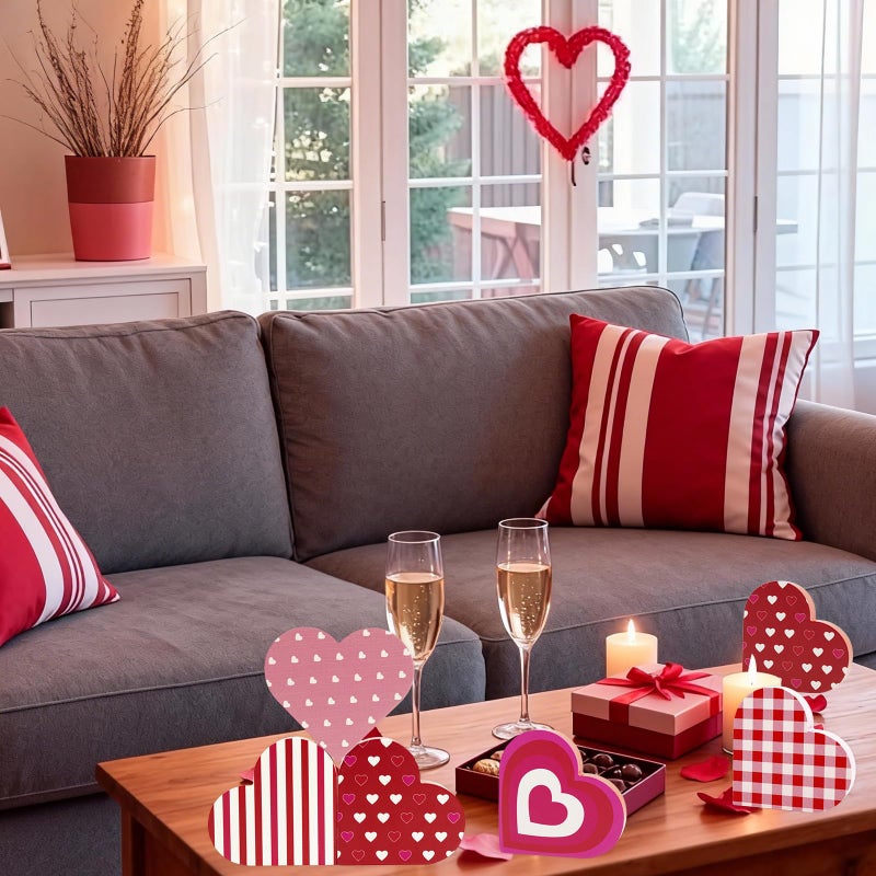 KFJBPB Valentines Day Decor, 6 PCS Double Sided Wooden Hearts Signs Cute Hearts Decorations for Tiered Tray Home Table Sweetheart Shelf Mantel Office Valentine Decoration - Image 5