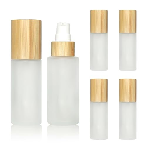 COSIDEA 6 pcs Empty 167oz 50ml bamboo lids Frosted glass bottle with lotion pump dispenser refillable emulsion cosmetic cream Serum bottles toiletries refill travel container - Image 1