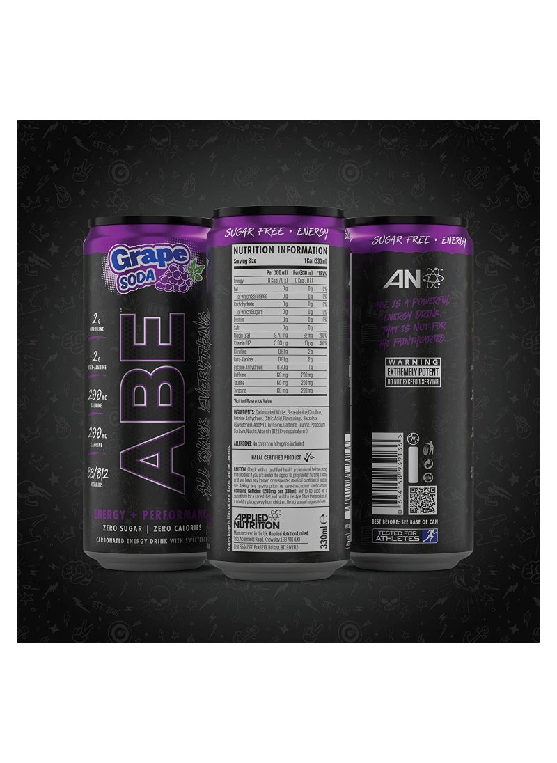 Pre Workout Cans All Black Everything Energy + Performance Drink, Abe Carbonated Beverage Sugar Free With Caffeine Pack of 12 Cans Grape Soda