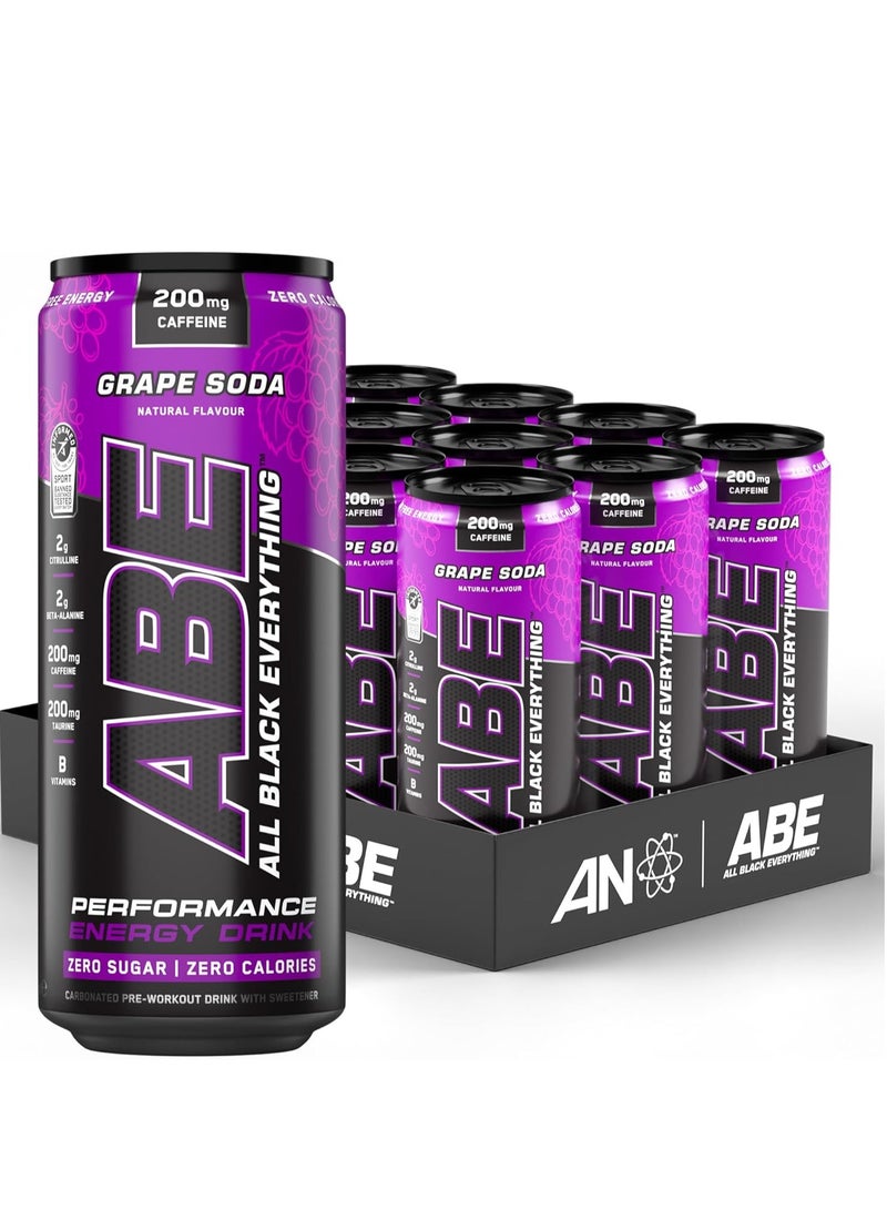 Applied Nutrition علب ABE قبل التمرين - كل شيء أسود للطاقة + مشروب الأداء، مشروبات غازية ABE خالية من السكر مع الكافيين - عبوة من 12 علبة × 330 مل - عنب أمريكي - Image 1