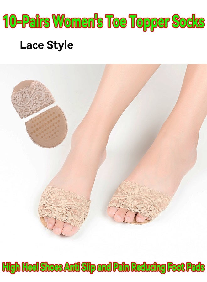 10-Pairs Women's Toe Topper Socks,Lace Style Forefoot Half Socks,High Heel Shoes Anti Slip and Pain Reducing Foot Pads,Invisible Foot Protection Socks,One Size,Colour Beige - Image 1