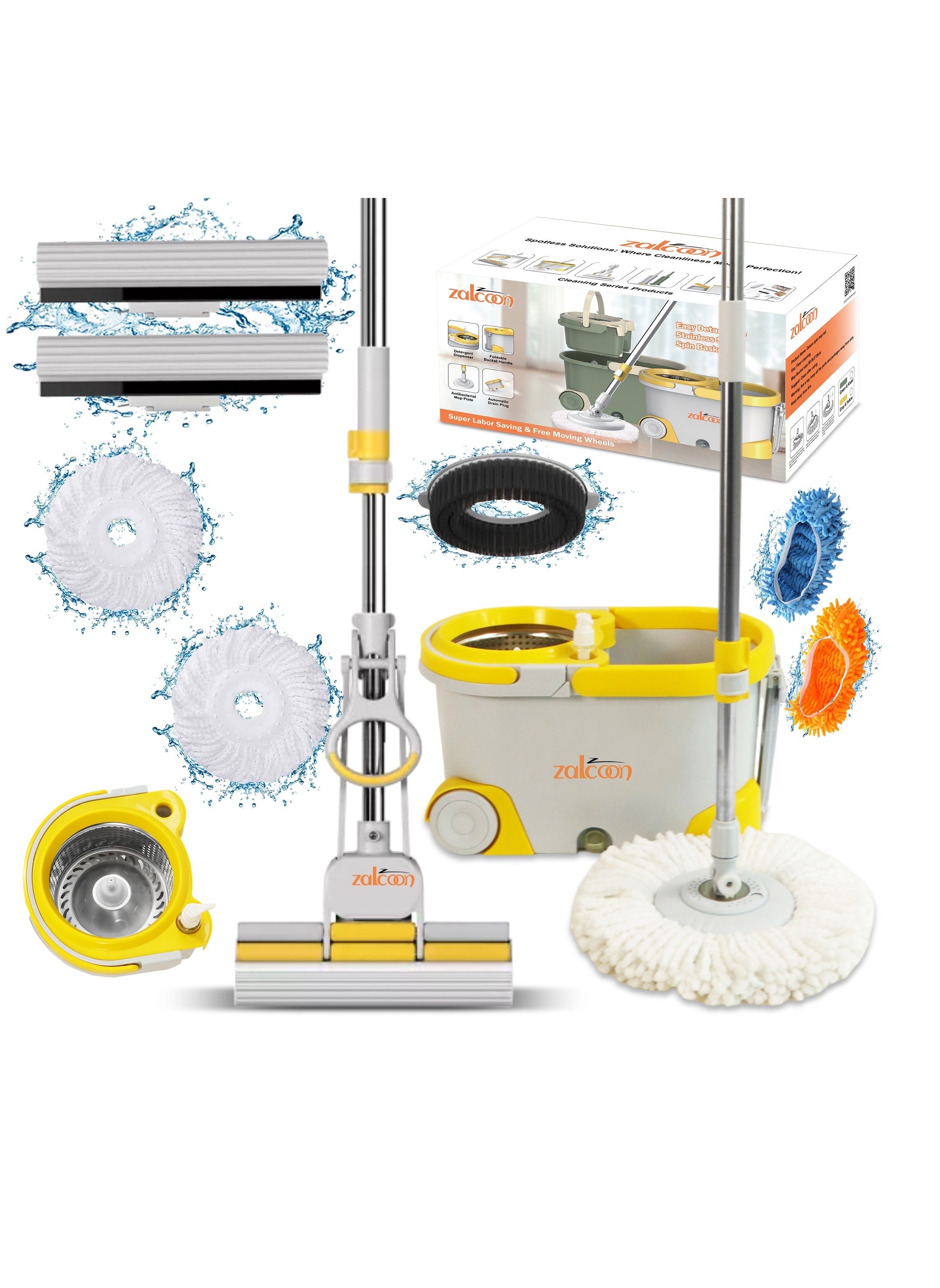 Spin And Sponge Mop and Bucket with Wringer Set, 360° Spinning Mop and 33cm Sponge Mop, 2 Extra Refill for Spin & 2 extra Refills for Sponge Mop,Mop Slippers & Scrub Brush (Grey) 