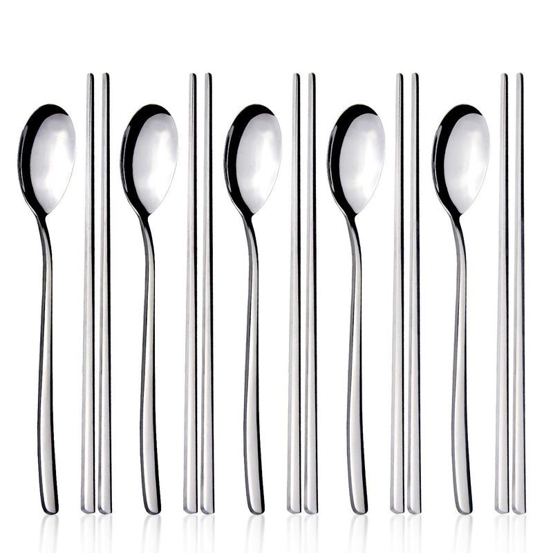IQCWOOD Spoons and Chopsticks Set 5 Pairs Stainless Steel Flat Chopsticks 5 Set Korean Spoons Metal Reusable Chop Sticks Dishwasher Safe for Home Kitchen or Restaurant