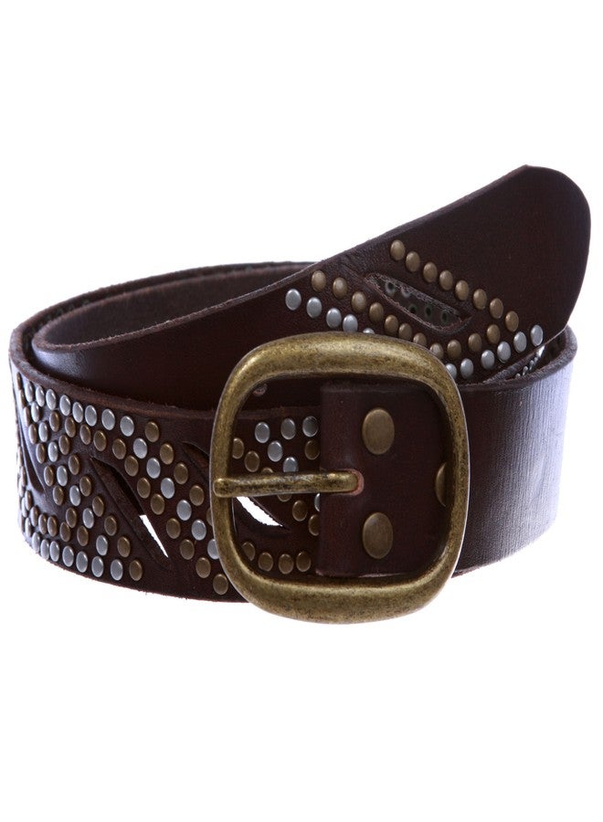 Beltiscool 1 1/2" Oval Snap on Perforated Nailhead Studded Cowhide Solid Leather Belt, Brown | 36" - Image 2
