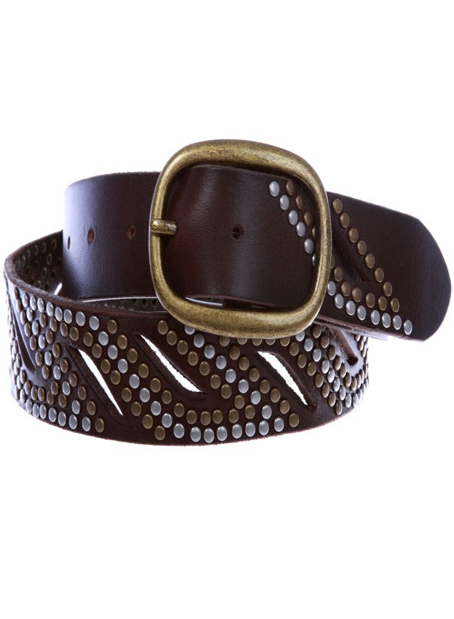 Beltiscool 1 1/2" Oval Snap on Perforated Nailhead Studded Cowhide Solid Leather Belt, Brown | 36" - Image 1