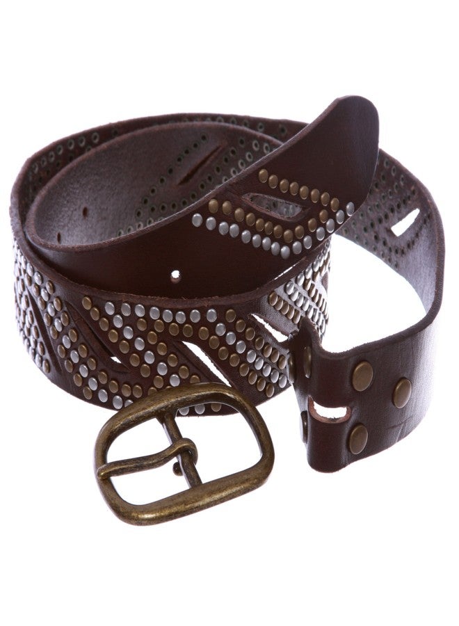 Beltiscool 1 1/2" Oval Snap on Perforated Nailhead Studded Cowhide Solid Leather Belt, Brown | 36" - Image 3