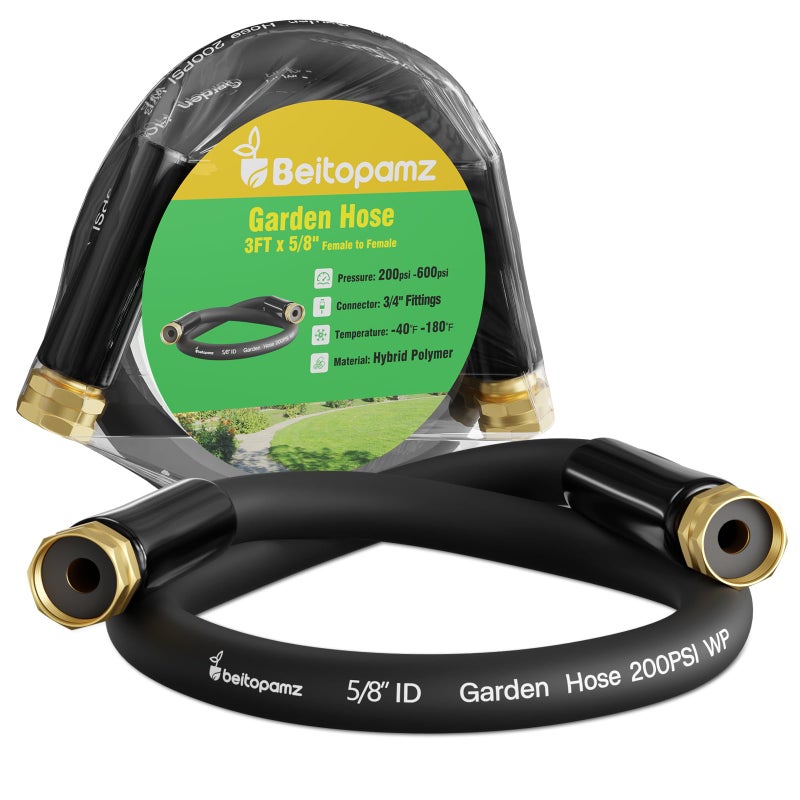 beitopamz Short Garden Hose 3 ft x 5/8" Female to Female, Heavy Duty Small Water Hose Extender Connector, Leak-Free Connections Hybrid Rubber Leader Hose with 3/4" Double GHT Fittings, Black - Image 1