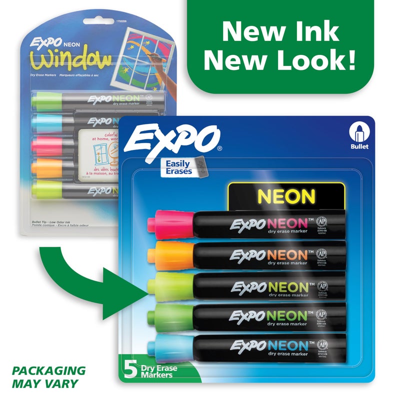 EXPO Neon Dry Erase Markers, Assorted, Bullet Tip, 5 Count - Fun, Vibrant Colors for Whiteboard, Glass, Acrylic, Home Organization - Image 2