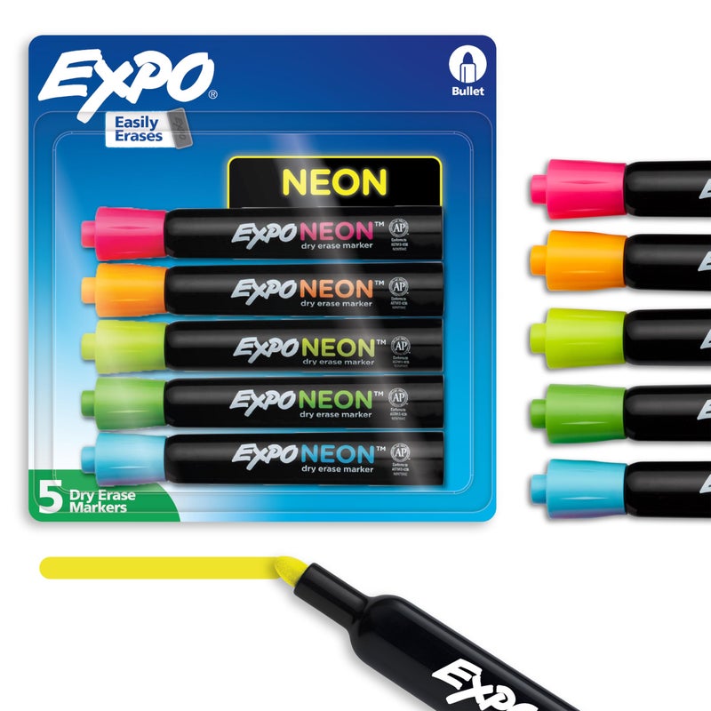 EXPO Neon Dry Erase Markers, Assorted, Bullet Tip, 5 Count - Fun, Vibrant Colors for Whiteboard, Glass, Acrylic, Home Organization - Image 1