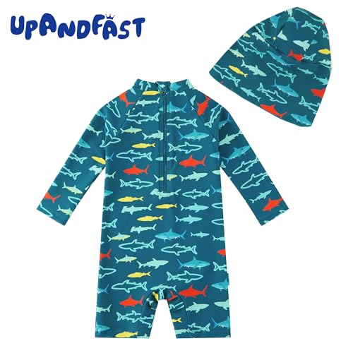 upandfast Baby/Toddler Swimsuit UPF 50+ Sun Protection One Piece Zipper Bathing Suit with Sun Hat Infant Beach Swimwear (Peacock Blue Shark,12-18 Months) - Image 3