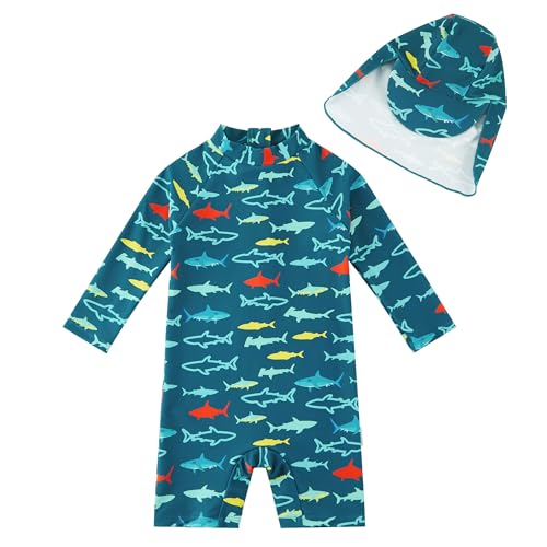 upandfast Baby/Toddler Swimsuit UPF 50+ Sun Protection One Piece Zipper Bathing Suit with Sun Hat Infant Beach Swimwear (Peacock Blue Shark,12-18 Months) - Image 1
