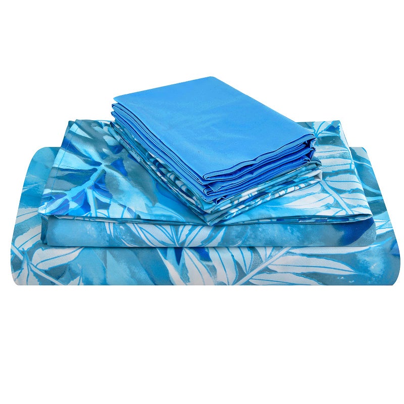 JSD Blue Tropical Leaves Print Sheet Set King Size 6 Piece Soft Pattern Microfiber Bed Sheets Extra Deep Pocket