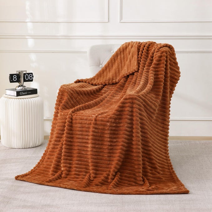 BURNT ORANGE FLEECE THROW BLANKET 5060 FOR COUCH SOFA BEDSUPER SOFT COZY PLUSH MICROFIBER FLANNEL BLANKET WITH STRIPES DESIGN LIGHTWEIGHT FOR ADULTSWOMANGIRLS
