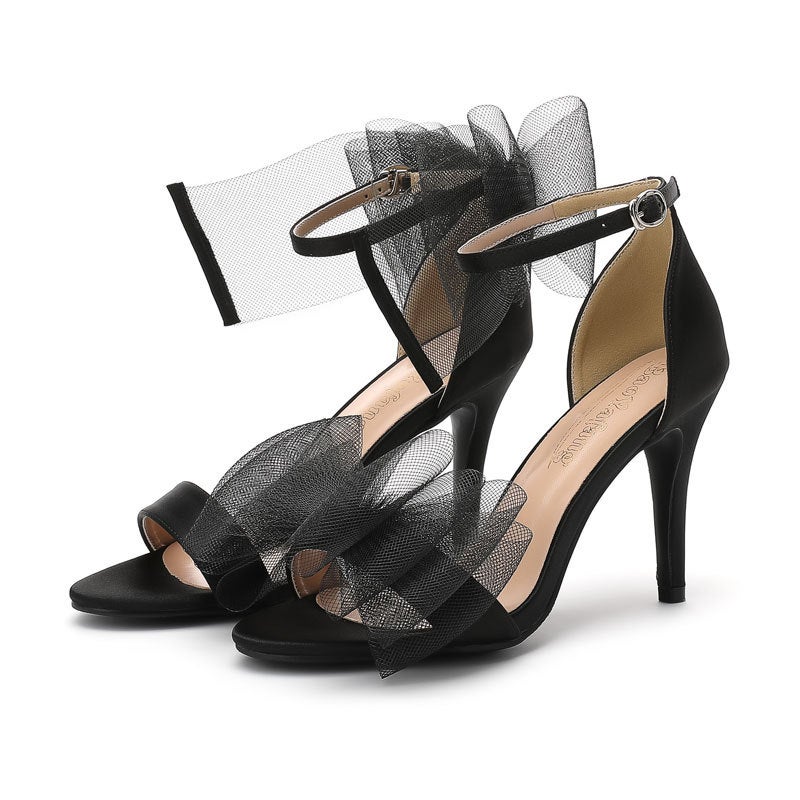 Simple High Heel Lace Open Toe Sandals Mesh Large Bow Thin Heel T-Heel High Heel Show Shoes New 4 - Image 1