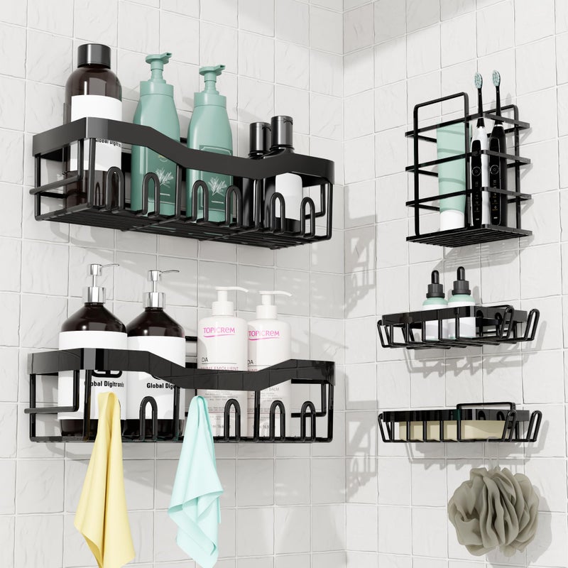 Global Digitronix GD Adhesive Shower Caddy 5 Pack â€“ Rustproof Stainless Steel No-Drill Bathroom Organizer Shelves with Large Capacity, Waterproof Storage Racks for Shower, Kitchen, Dorm, Apartment, and Home - Image 1