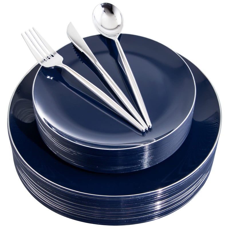 I00000 150Pcs Blue Plastic Plates,Hanukkah Plastic Plates,Navy Blue Disposable Plates with Silverware include 30 Dinner Plates10.25,30 Dessert Plates10.25,90 Silver Silverware Set for Party - Image 1