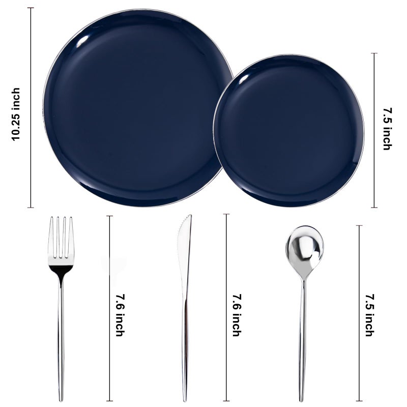 I00000 150Pcs Blue Plastic Plates,Hanukkah Plastic Plates,Navy Blue Disposable Plates with Silverware include 30 Dinner Plates10.25,30 Dessert Plates10.25,90 Silver Silverware Set for Party - Image 4