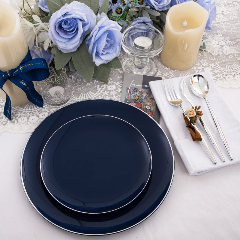 I00000 150Pcs Blue Plastic Plates,Hanukkah Plastic Plates,Navy Blue Disposable Plates with Silverware include 30 Dinner Plates10.25,30 Dessert Plates10.25,90 Silver Silverware Set for Party - Image 3