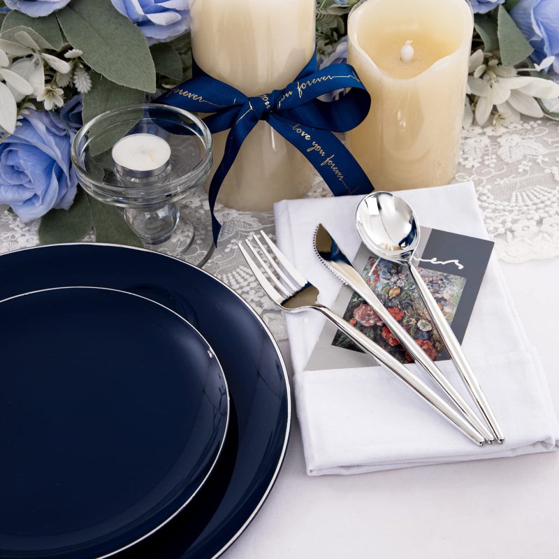 I00000 150Pcs Blue Plastic Plates,Hanukkah Plastic Plates,Navy Blue Disposable Plates with Silverware include 30 Dinner Plates10.25,30 Dessert Plates10.25,90 Silver Silverware Set for Party - Image 2