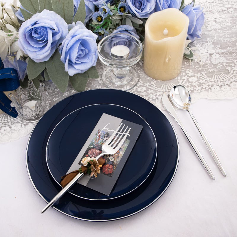I00000 150Pcs Blue Plastic Plates,Hanukkah Plastic Plates,Navy Blue Disposable Plates with Silverware include 30 Dinner Plates10.25,30 Dessert Plates10.25,90 Silver Silverware Set for Party - Image 5