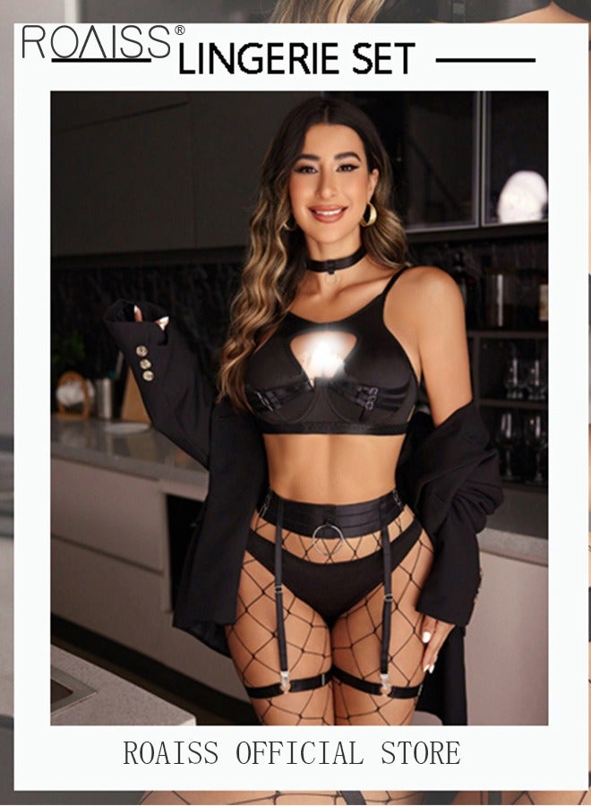 roaiss Intertwined Stitching Lingerie Set for Women O-Ring Buckle Detail Cut out Underwire Garter Underwear Sets Ladies Push up Bralette and Panty Teddy Bodysuit with Fishnet Stocking for Night or Cosplay - Image 1