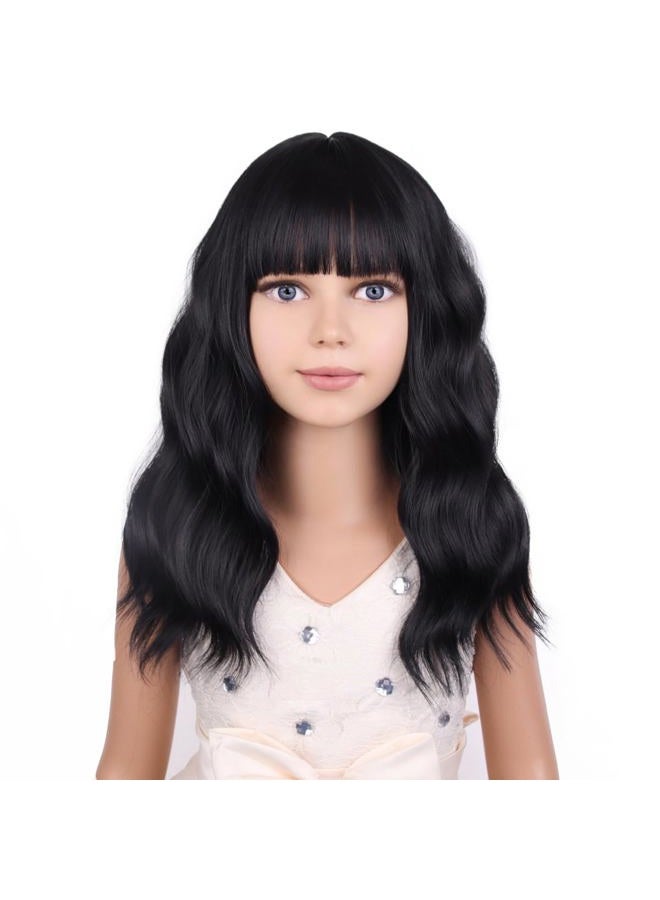 PATTNIUM Black Wig Kids Child Wig Shoulder Length Wig Black Wavy Wig with Bangs Shoulder Length Black Wig Heat Resistant Synthetic Girls Wig Daily Wear Wig (Black) - Image 1