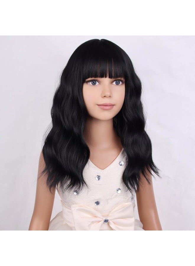 PATTNIUM Black Wig Kids Child Wig Shoulder Length Wig Black Wavy Wig with Bangs Shoulder Length Black Wig Heat Resistant Synthetic Girls Wig Daily Wear Wig (Black) - Image 2