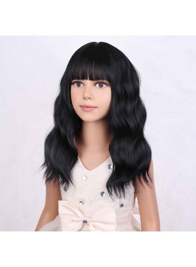 PATTNIUM Black Wig Kids Child Wig Shoulder Length Wig Black Wavy Wig with Bangs Shoulder Length Black Wig Heat Resistant Synthetic Girls Wig Daily Wear Wig (Black) - Image 3