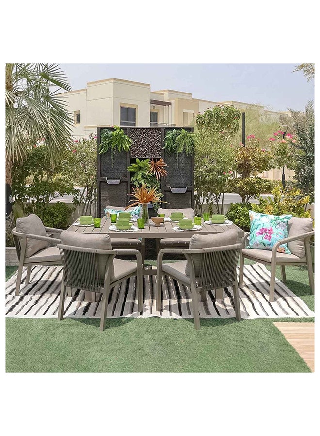 DANUBE HOME طقم طعام خارجي مانشستر 7 قطع مقاوم للماء لمجموعات تناول الطعام في الحديقة 6 مقاعد لجميع الأجواء من الألمنيوم/حبل دائري أثاث خارجي حديث للحديقة والفناء رمادي - Image 1