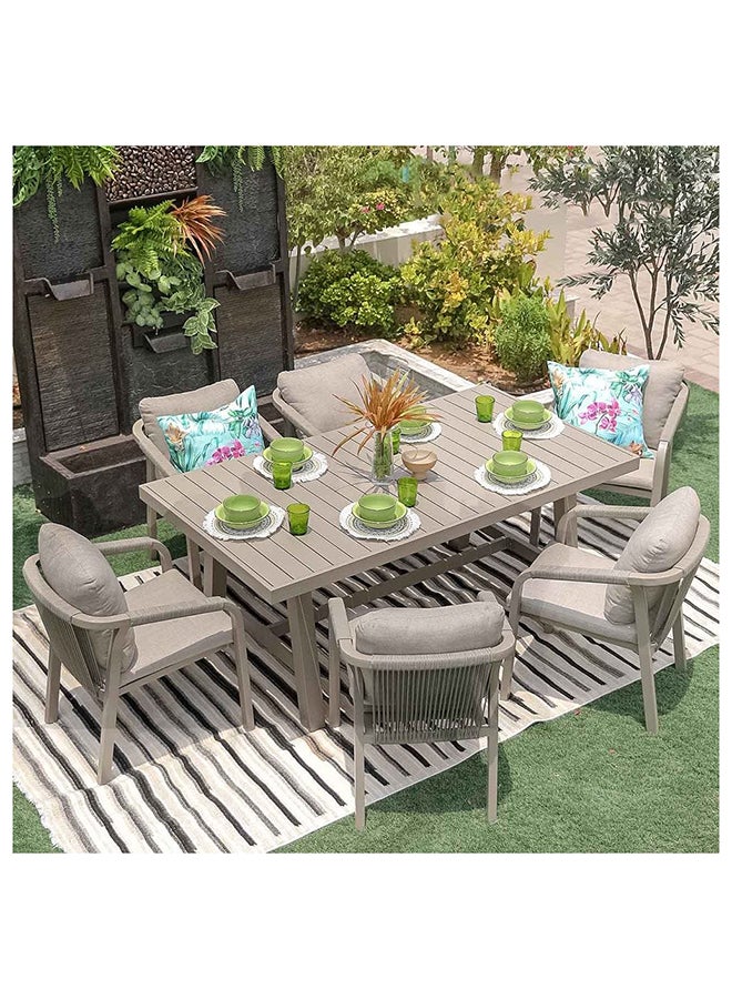 DANUBE HOME طقم طعام خارجي مانشستر 7 قطع مقاوم للماء لمجموعات تناول الطعام في الحديقة 6 مقاعد لجميع الأجواء من الألمنيوم/حبل دائري أثاث خارجي حديث للحديقة والفناء رمادي - Image 3