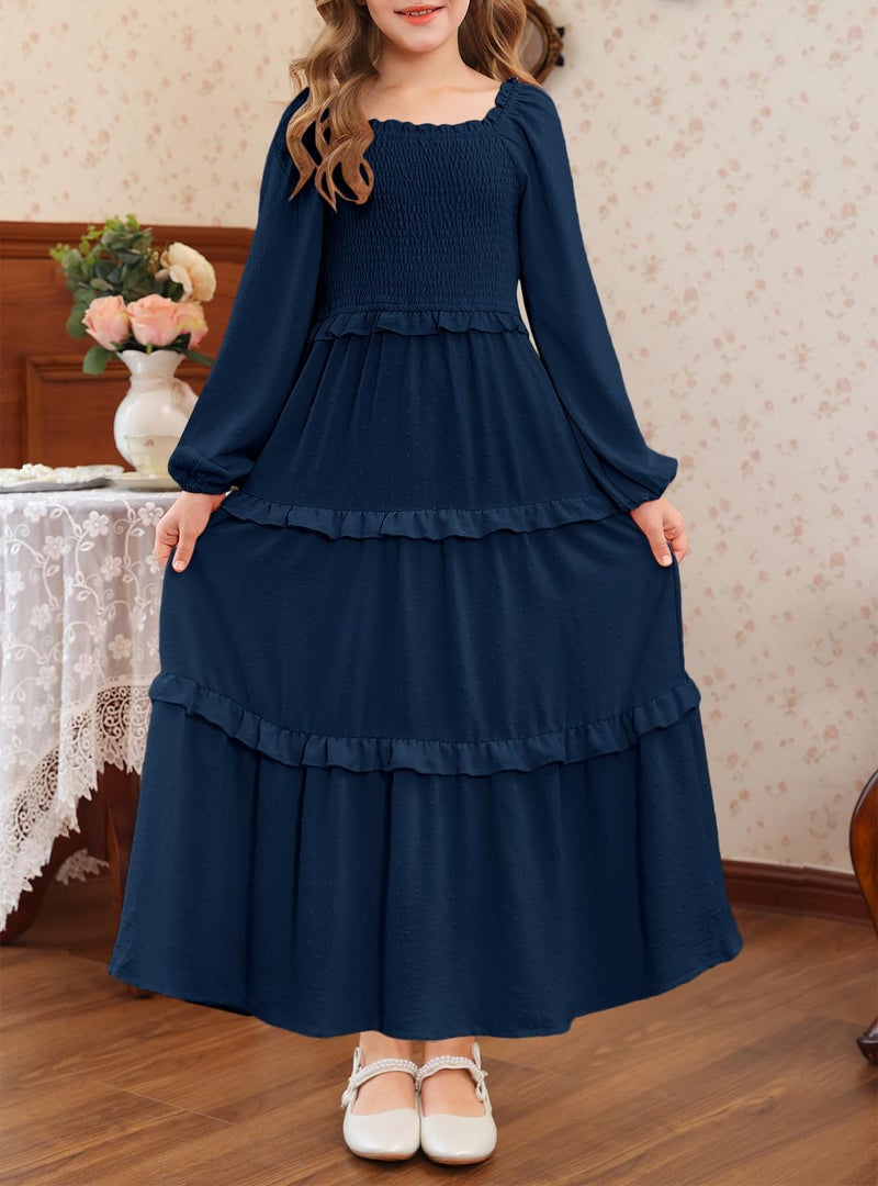 HOSIKA Girls Fall Long Sleeve Swiss Dot Smocked A-Line Ruffle Tiered Flowy Maxi Dress with Pockets 6-12 Y Navy Blue - Image 4